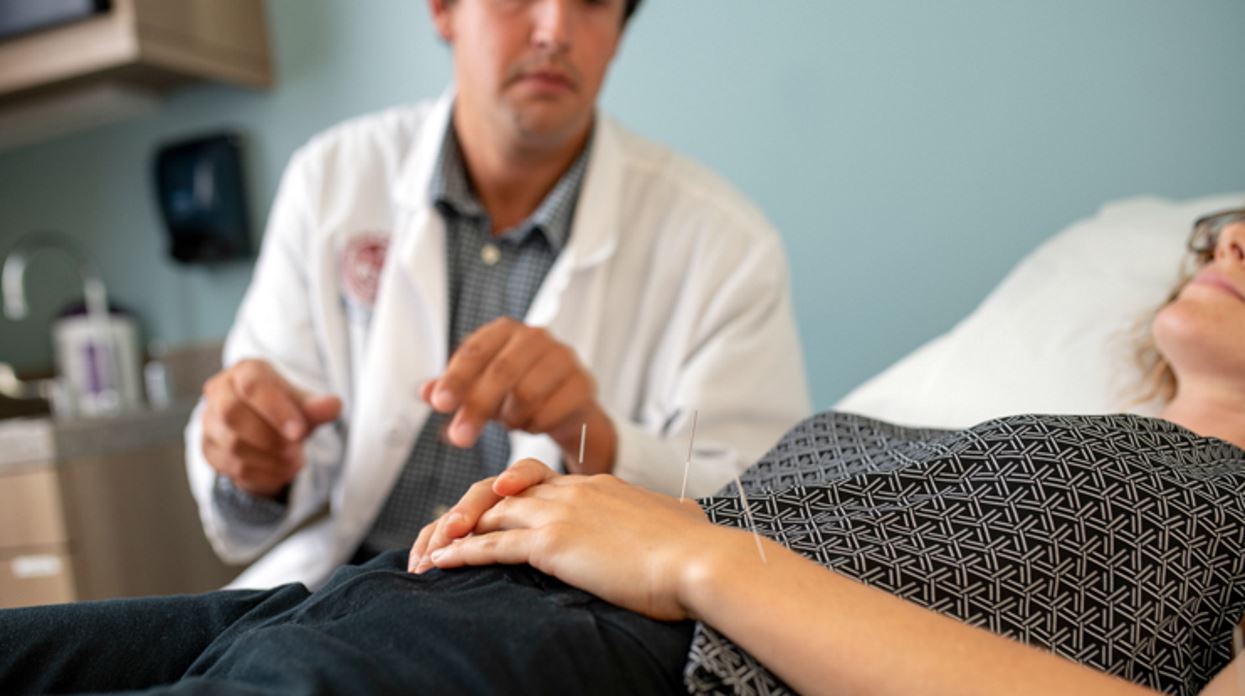 acupuncture student  at MCPHS with patient