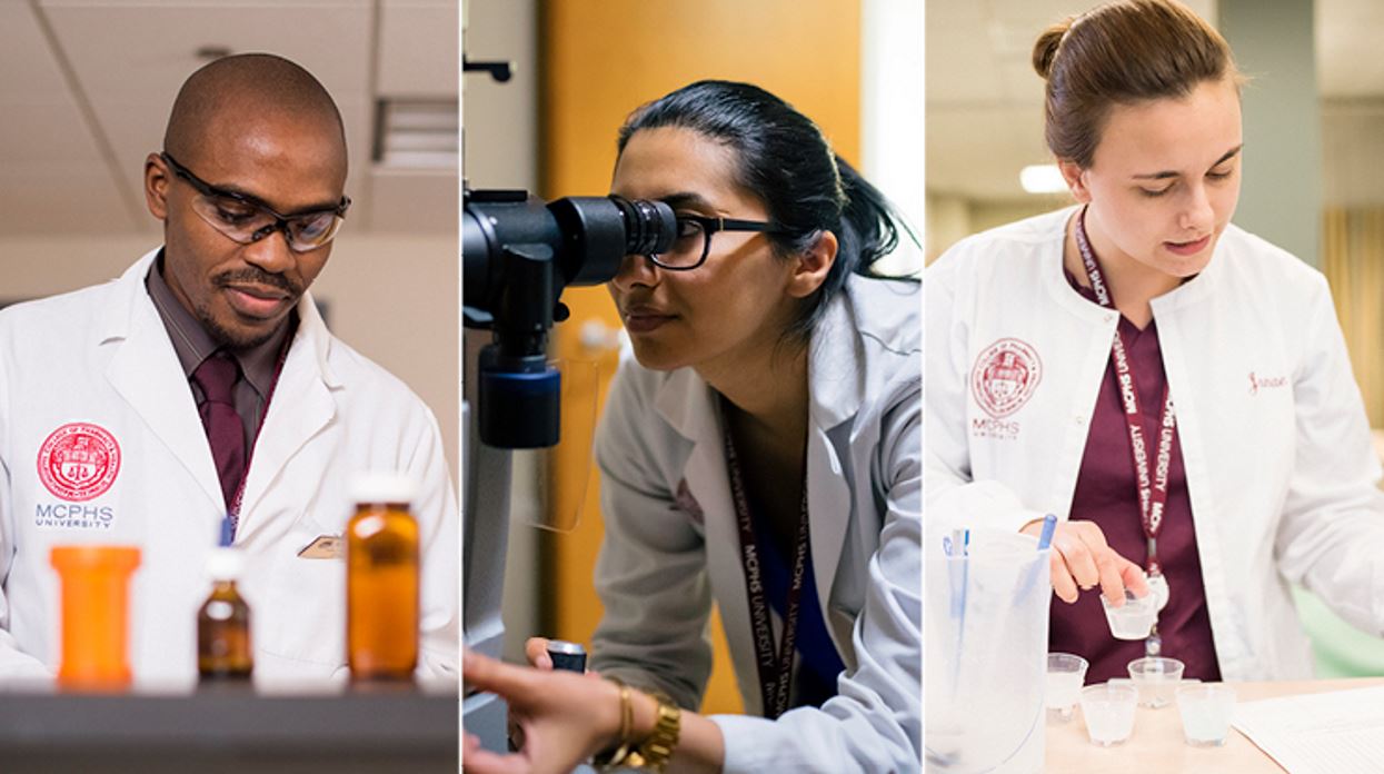 Three photos from left to right of a man with vials in front of him, a woman with a microscope, and a woman with cups of medicine