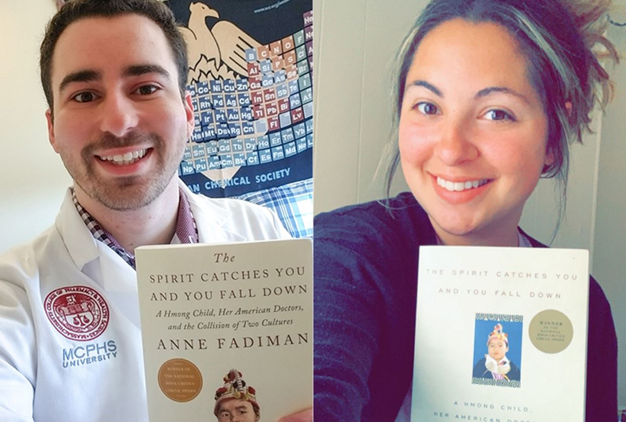 MCPHS students holding "The Spirit Catches You and You Fall Down: A Hmong Child, Her American Doctors, and the Collision of Two Cultures" by Anne Fadiman for Interprofessional Education book club