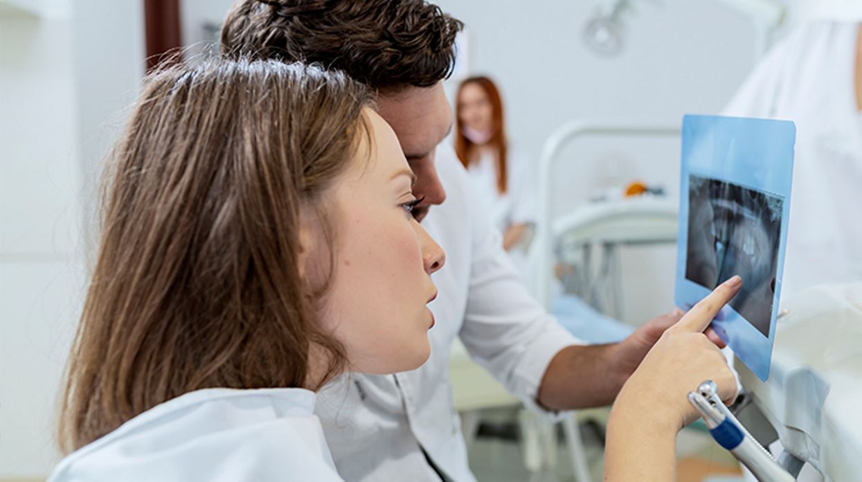 Photo of two students looking at an xray